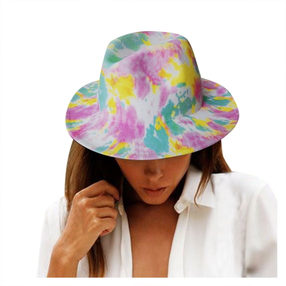 yunLXY Muslim Hat Pink Tie-Dye Printed Hat for Women Mens Wide Jazz Hat Tie-Dye Hat forParty One Size