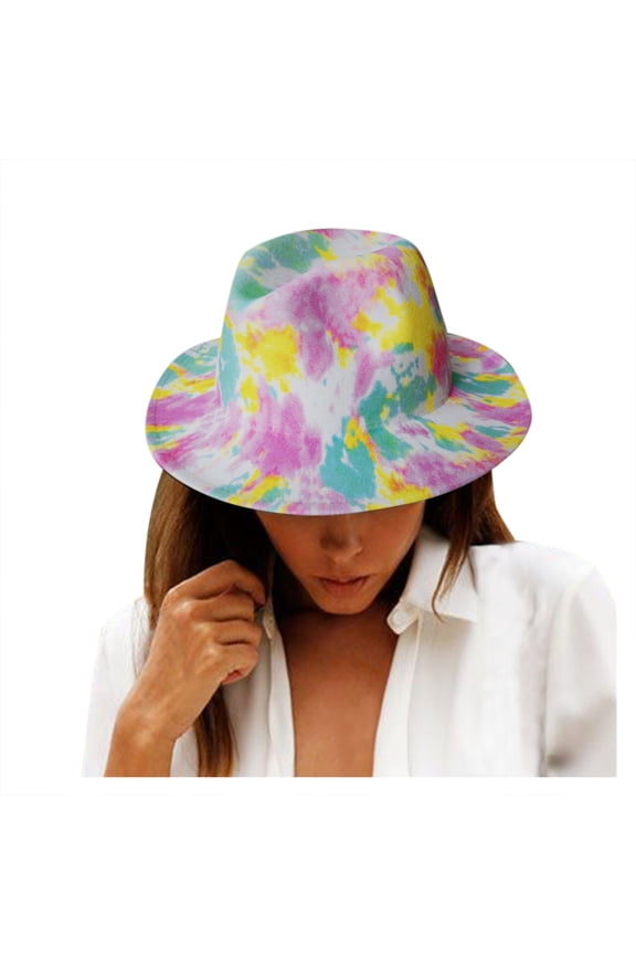 yunLXY Muslim Hat Pink Tie-Dye Printed Hat for Women Mens Wide Jazz Hat Tie-Dye Hat forParty One Size