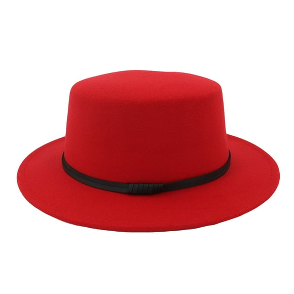 yunLXY Hat Red Unisex Wide Brim Wool Belt Felt Flat Top Fedora Hat Party Trilby Hats Cap