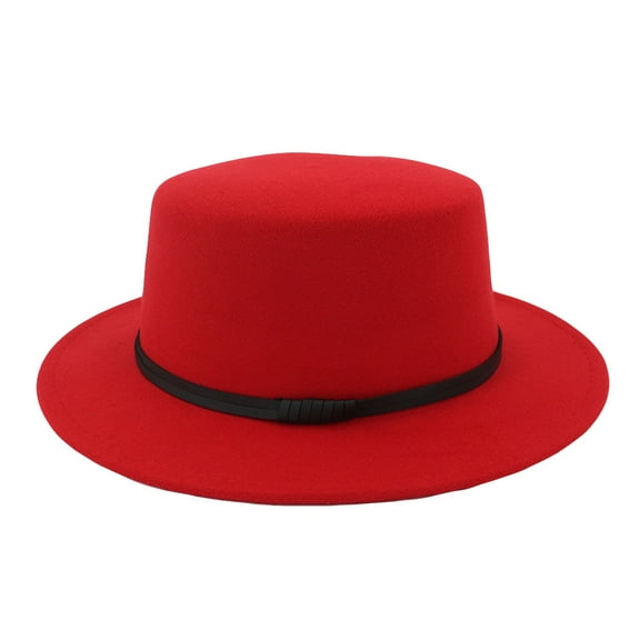 yunLXY Hat Red Unisex Wide Brim Wool Belt Felt Flat Top Fedora Hat Party Trilby Hats Cap