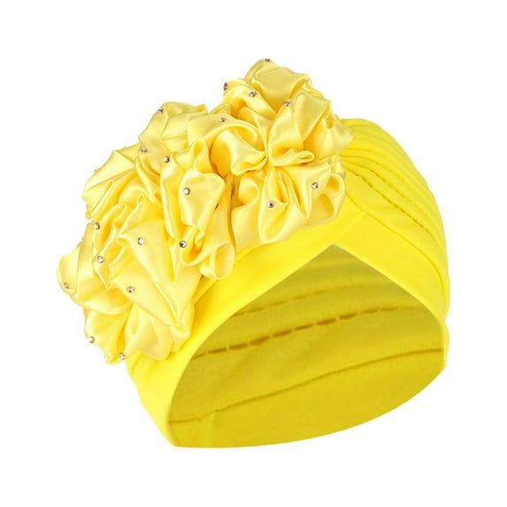 yunLXY Summer Caps Yellow Muslim hat Women Solid Beading India Hat Ruffle Cancer Chemo Hat Beanie Wrap Cap One Size 1PC