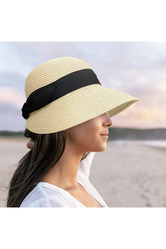 Under $5 Beige Beach Sun Straw Hats for Women, UPF 50+ UV Sun Protection Wide Brim Summer Straw Hat Foldable Packable Roll up Cap