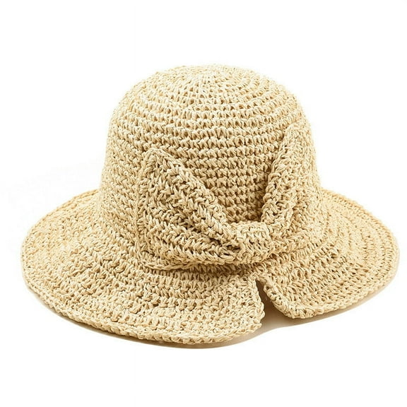 yunLXY Under $5 Beige Foldable Wide Brim Floppy Straw Beach Sun Hat,Summer Cap with Bowknot for Women Girls,Strap Adjustable