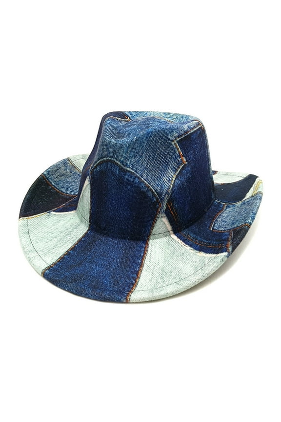 Under $5 Blue Western Cowboy Hat for Women Men Wide Brim Beach Cowgirls Cattleman Cowboys Hats