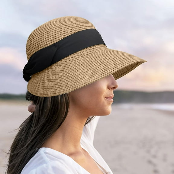yunLXY Under $5 Brown Womens Sun Straw Hat Wide Brim UPF 80 Summer Hat Foldable Packable Floppy Beach Hats for Women