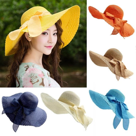 yuqude Beige Womens Mens Wide Brim Straw Hat Foldable Packable Handmade Straw Hats Sun Protection Floppy Travel Essentials One Size