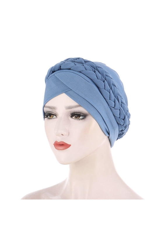 Full Coverage Hijab Women Twisted Braid Turban Hat Soft Head Cover for Sleep & Outdoor Activities Blue,One Size