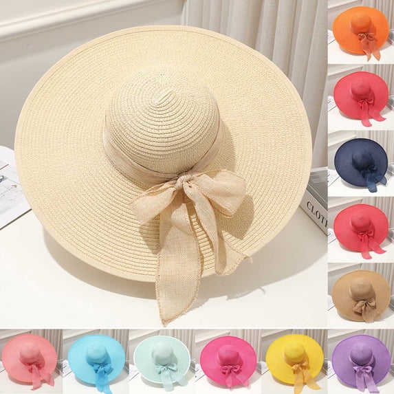 yuqude Hot Pink Beach Sun Hat for Women Wide Brim Beach Hat Straw Boho Rainbow Beaded Summer Packable Foldable Bucket Hat for Travel One Size