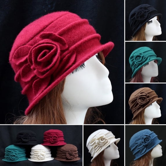 yuqude Red Women's Wool Felt Flowers Church Bowler Hats Elegant Wool Flower Hat Vintage Cloche Floral Fedora Hat, Ladies Wedding Dress Church Hat One Size