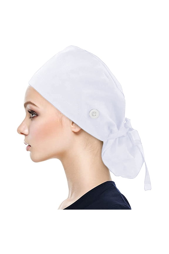 White Scrub Cap Scrub Cap With Buttons Adjustable Elastic Tie Scrub Caps for Women Men, Surgical Cap One Size