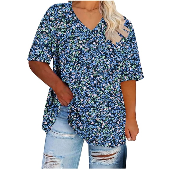 yuson Loose Fit Tops for Women Short Sleeve Plus Size Casual Tops Summer Floral Print V-Neck Blouses Navy Shirts XL