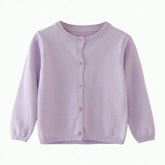 yuuuggc Girl's Crewneck Lightweight Button-up Cardigan Cotton Knit Sweater Casual Cute Outerwear Cardigan Sweater(Light Purple,6-7 Years)