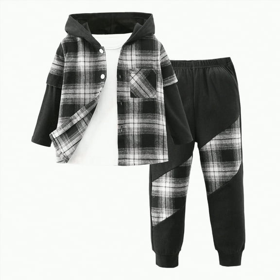 yuuuggc Size 4-10 Years Toddler Boys Clothes Flannel Plaid Hooded Sweatshirt & Pants 3-Piece Set Boys Fall Winter Outfits Set Outfits Baby Boy(Black,6-7 Years)