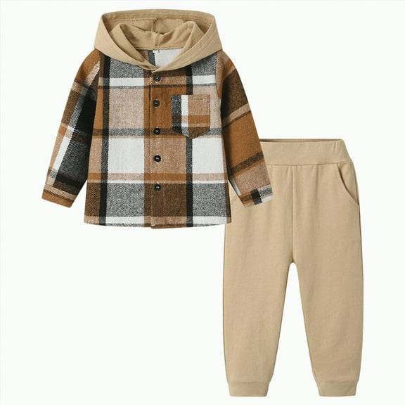 yuuuggc Size 4-10 Years Toddler Boys Clothes Flannel Plaid Hooded Sweatshirt & Pants 3-Piece Set Boys Fall Winter Outfits Set Toddler Boy Fall Clothes(Khaki,7-8 Years)