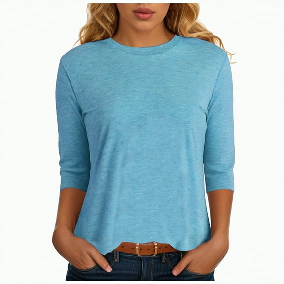 yuuuggc Women's Fashion Tops 3/4 Sleeve T-Shirts Cute Crewneck Basic Business Tees Blouses Woman Long Sleeve Tops(Sky Blue,M)