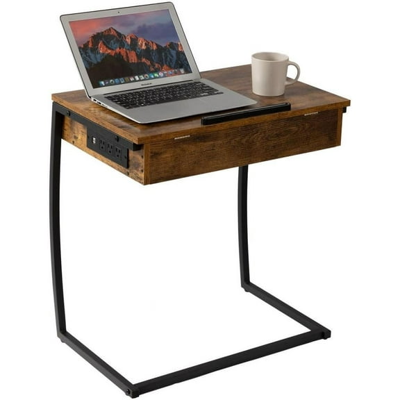 yx C Table End Table with Charging Station, TV Tray Table, Couch Tables That Slide Under, C Shaped Side Table with Storage, Laptop Stand for Couch, Small Table Couch Desk for Small Spaces