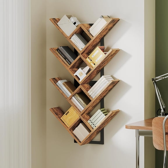 yx Floating Shelves for Wall, Set of 2 Wall Mounted Shelves, 2-Tier Wooden Tree Bookshelf, Hanging Shelves Storage Rack, for Living Room, Kitchen, Office, Rustic Brown and Black BF54BJP201