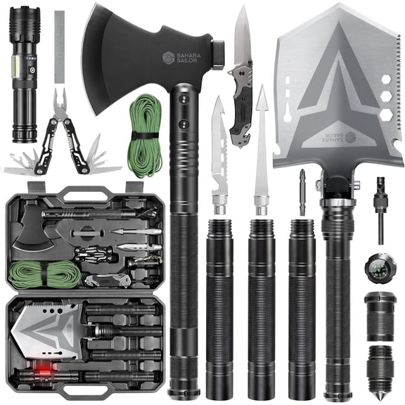 yxFolding Camping Shovel Axe Kit Military Grade, Multifunctional Survival Tactical Shovel with Paracord, Dual Color Flashlight, Whetstone, Emergency Gear for Camping