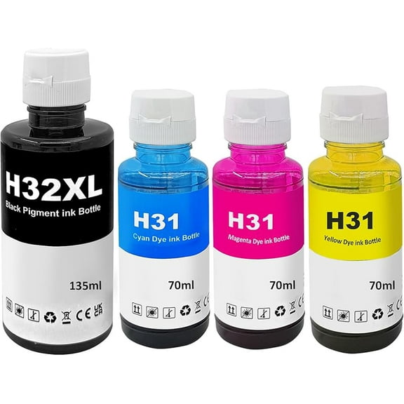 Compatible for HP 31 32XL Ink Bottle Set Compatible with HP Smart Tank 7301 7001 5000 5101 5103 6001 7602 Plus 651 551 455 457 450 All-in-One Printer Ink (4-Pack, Black Cyan Magenta Yellow)