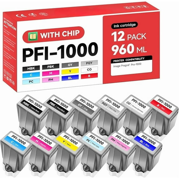 z PFI-1000 Ink Tank set 12-Pack 80ml High Capacity with Chip Replacement for Canon PFI-1000 PFI1000 Ink Cartridges Compatible for Canon ImagePROGRAF PRO-1000 Printer Photographic Inkjet Color