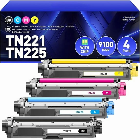 z TN221 TN225 Toner Cartridge 4-Pack Replacement for Brother TN-221 TN-225 to Use with MFC-9130CW HL-3170CDW MFC-9340CDW HL-3140CW 3150CW MFC-9330CDW 9140CDN DCP-9020CDN Printer