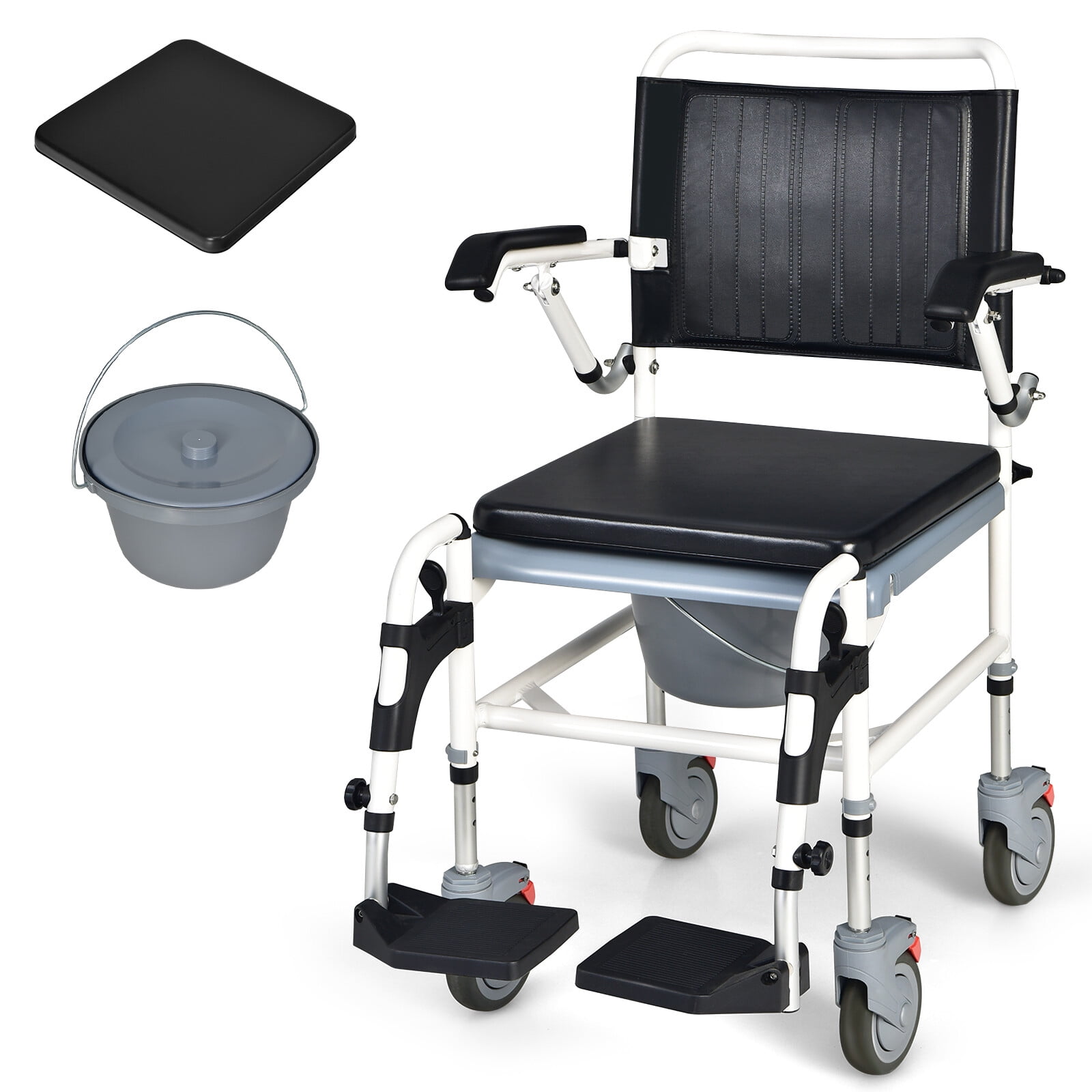 zalema 4-in-1 Bedside Commode Shower Wheelchair, Commode Chair for Toilet with Arms, 4 Lockable Wheels, Detachable Bucket, Height Adjustable \u0026 Flip-up Footrest, Padded Mobile Toilet Chair