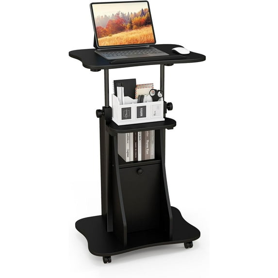 zalema Mobile Podium Stand, Sit-to-Stand Laptop Cart with Tilting Tabletop & Storage Cabinet, Lockable Casters, Height-Adjustable Rolling Lectern for Classroom, Church, Home Office (Black, 1 Pack)