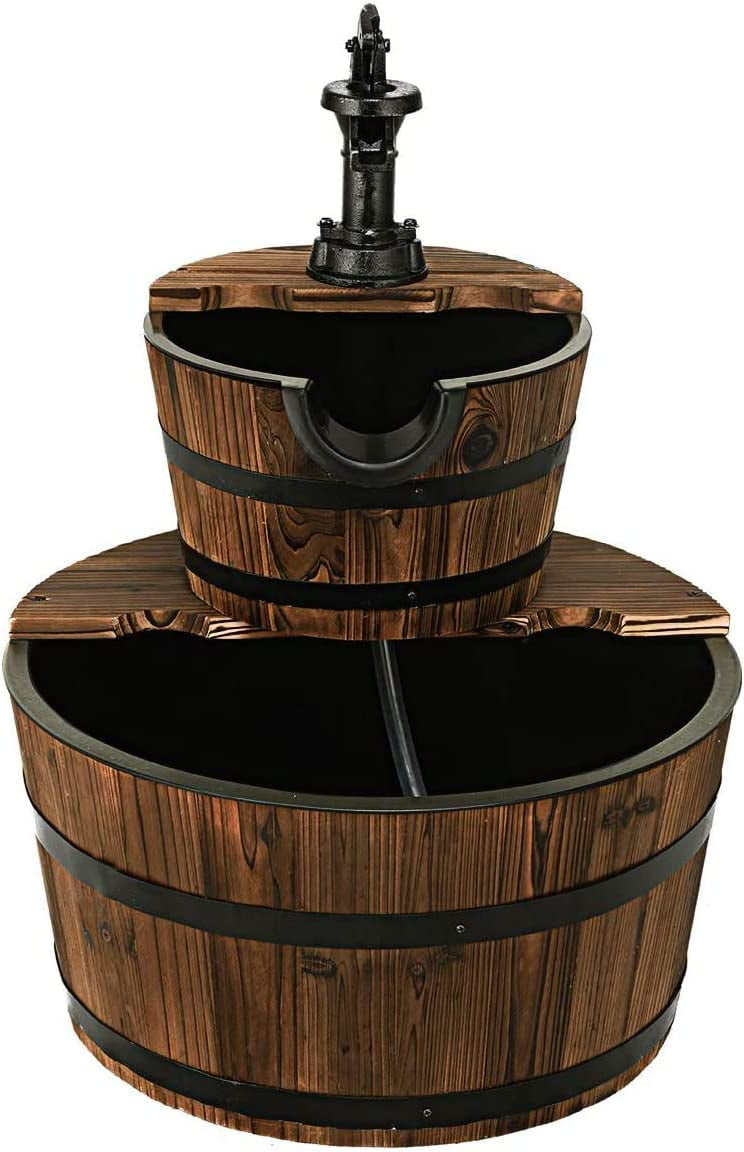 zanzan 2 Tier Barrel Waterfall Fountain, Outdoor Barrel Water Fountain