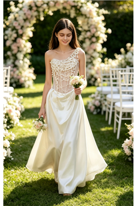 zanzanmeow Wedding Registry French one-shoulder bias-cut heavy industry pearl satin light wedding dress niche design bridal veil 2026 new style