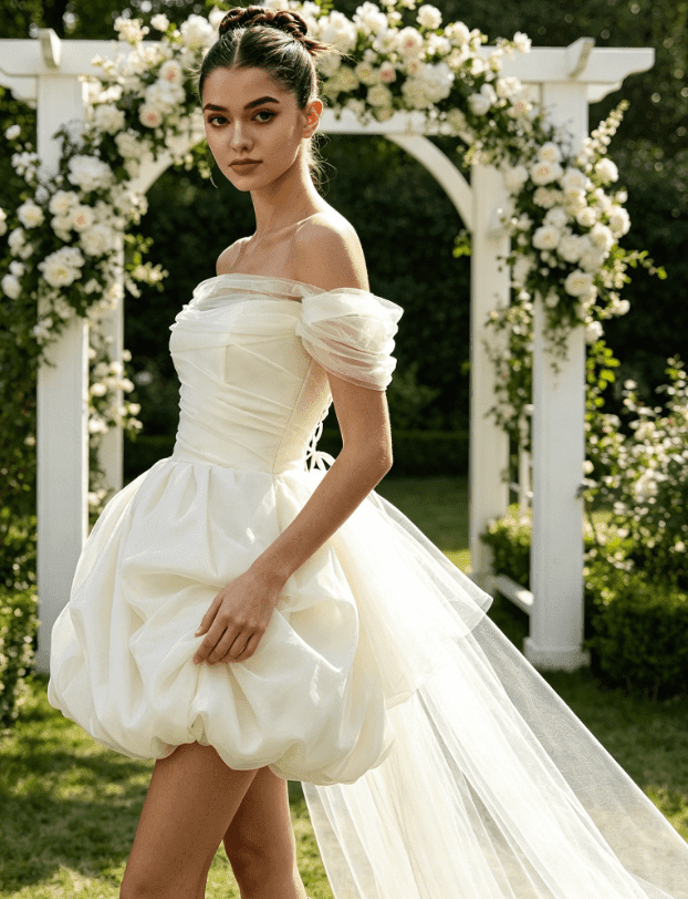 french short wedding dress zanzanmeow Wedding Registry Multi-color wedding dress French one-shoulder  pleated puffy short light wedding dress High-waisted slimming temperament  certificate engagement dress Bridesmaid dress