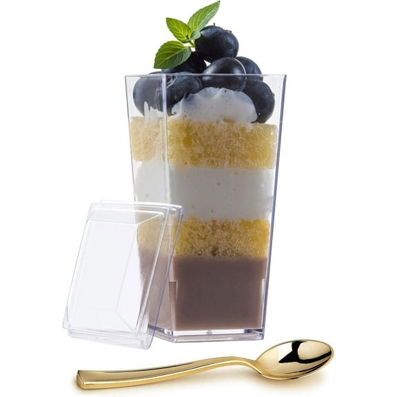 zappy Elegant Tall Square Mini Cube 3oz Clear Plastic Tasting Sample Shot Glasses Parfait Souffle Jello Dessert Cups Tumbler Party Cups With Lids (200 Ct with Gold Spoons & Lids)