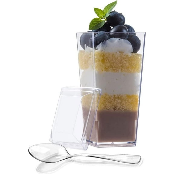 zappy Elegant Tall Square Mini Cube 3oz Clear Plastic Tasting Sample Shot Glasses Parfait Souffle Jello Dessert Cups Tumbler Party Cups With Lids (400 ct with Spoons & Lids)