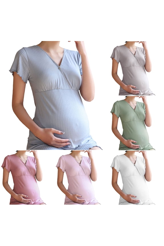 2 PCS Maternity Nursing Pajamas Set Postpartum Breastfeeding Short Sleeve Shirts Pregnancy Shorts (Green, XXL)
