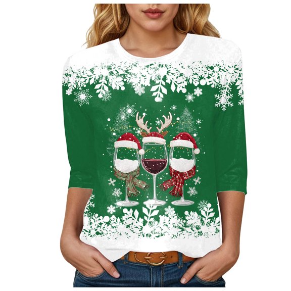 zaveiop 2025 Christmas Shirts for Women Cute Red Wine Glass Graphic Xmas Tops Workout Holiday Xmas Tree Print Womens Blouses (Z4-Green, XL)