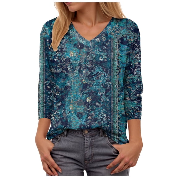 zaveiop 3/4 Sleeve Shirts for Women Henley T Shirts Loose Fit Tunics Dressy Casual Work Blouses Fall Fashion Tops (Navy, S)