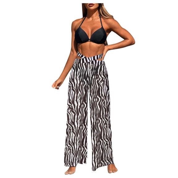 zaveiop 3 Piece Bikini Sets with Mesh Cover up Pants, Halter Cheeky Thong Swimsuits, Sexy Bathing Suits for Women (Black2, L)