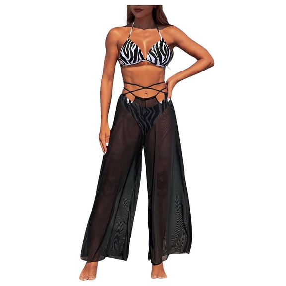 zaveiop 3 Piece Bikini Sets with Mesh Cover up Pants, Halter Cheeky Thong Swimsuits, Sexy Bathing Suits for Women (Black3, L)