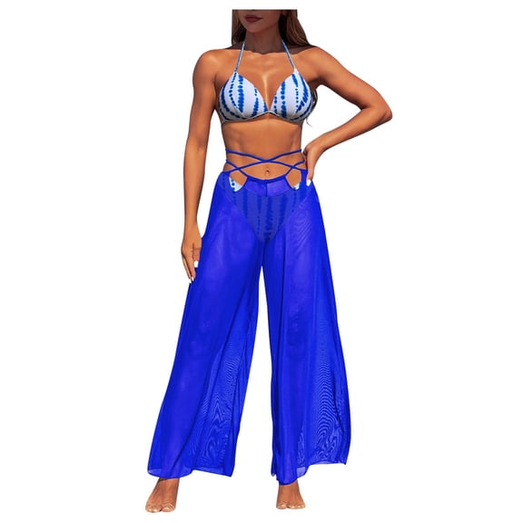 zaveiop 3 Piece Bikini Sets with Mesh Cover up Pants, Halter Cheeky Thong Swimsuits, Sexy Bathing Suits for Women (Dark Blue, M)