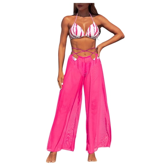 zaveiop 3 Piece Bikini Sets with Mesh Cover up Pants, Halter Cheeky Thong Swimsuits, Sexy Bathing Suits for Women (Hot Pink, S)