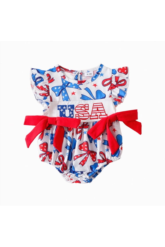 4th of July Baby Girl Outfits Embroidery Smocked Bubble Romper Memorial Clothes (White, 6-12 Months)