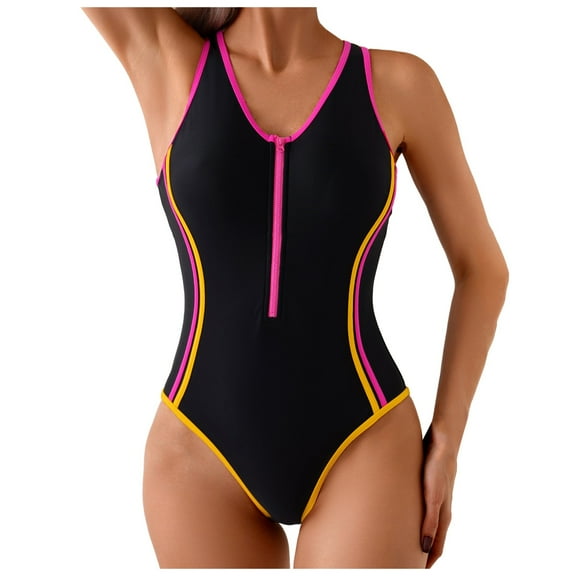 zaveiop Athletic Swimsuit Women One Piece Bathing Suit Zipper Front Lap Swimwear for Women (Black, S)