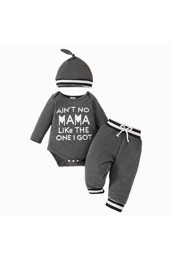 Baby Boy Clothes Set Newborn Long Sleeve AIN"T NO,MAMA,LIKe THE ONE I GOT Print Tops Pants Hat Infant Boys 3Pcs Outfit Sets (Grey, 0-3 Months)