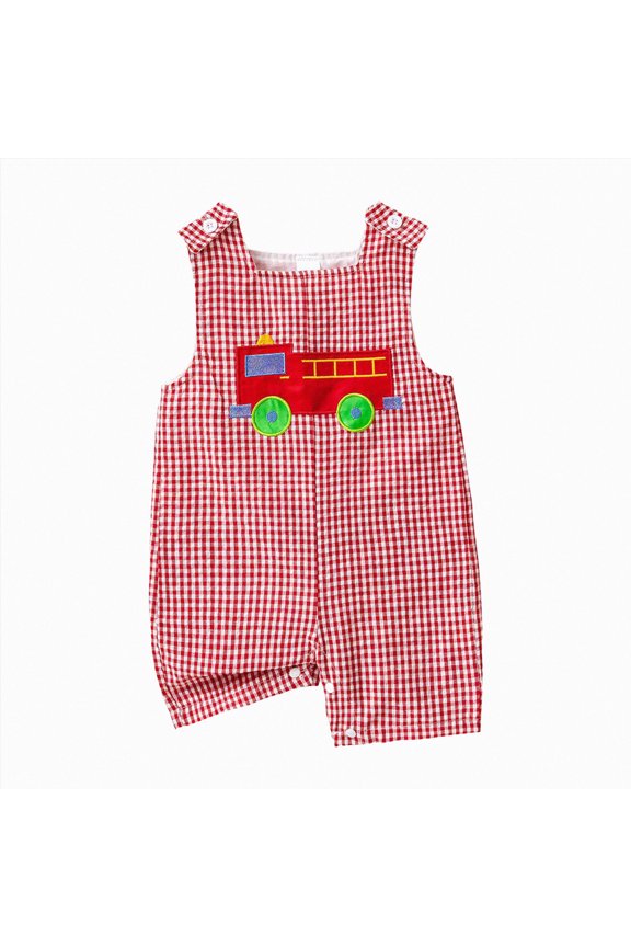 Baby Boy Girl Dinosaur Overalls Sleeveless Plaid Romper Straps Jumpsuit Playsuit Casual Clothes (Red, 6-12 Months)