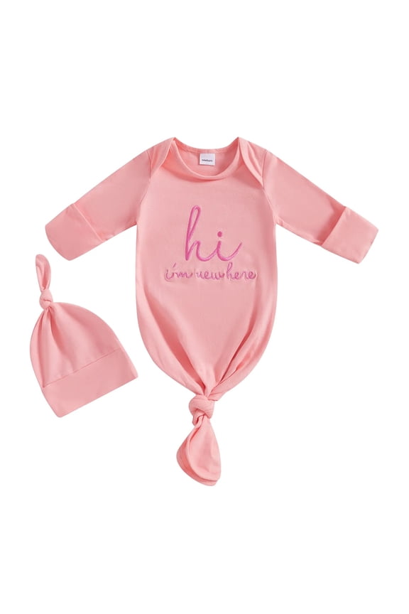 Baby Boy Girl Sleep Gown Sleeper Knotted Nightgown Hat Pajamas Hospital Coming Home Fall Winter Outfit (Red, Newborn)
