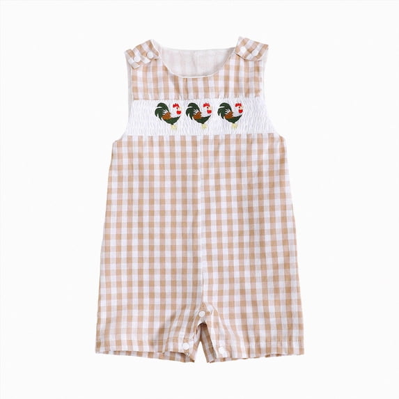 zaveiop Baby Boy Summer Clothes Sleeveless Embroidery Animals Gingham Romper Jumpsuit Retro Smocked Shortall (Z01-Khaki, 0-3 Months)