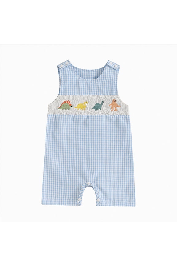 Baby Boys Sleeveless Dinosaur Romper Straps Overalls Plaid Jumpsuit Summer Smocked Clothes (Blue, 0-3 Months)