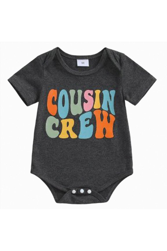 Baby Girl Boy Romper Short Sleeve Cousin Shirt Crewneck Bodysuit Print Casual Summer Clothes (Black, 12-18 Months)