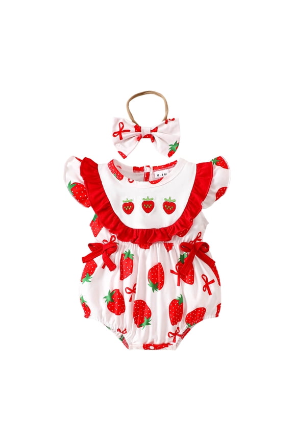 Baby Girl Fruit Clothes Strawberry Smocked Bubble Romper Sleeveless Ruffled Bodysuit Summer Outfit (Red, 0-3 Months)