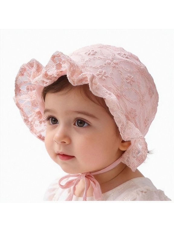 Baby Girl Lace Bonnets Cotton New-Born Beanie Hats Mesh Palace Hat Soft Breathable Sun-Protection Babies (Pink, 0-6 Months)