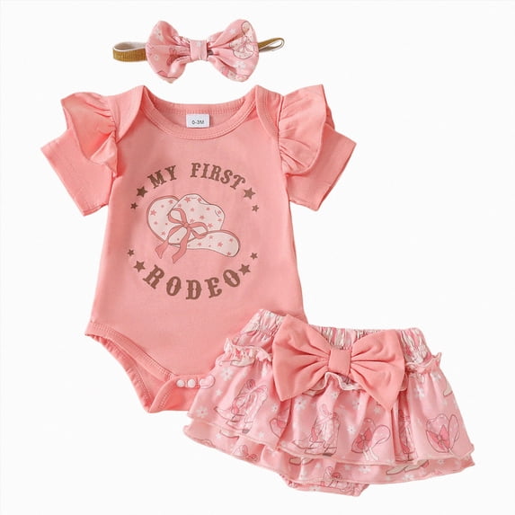 zaveiop Baby Girl Western Outfit My First Rodeo Short Sleeve Ruffle Romper Skirt Headband Set Summer Clothes (Pink, 3-6 Months)